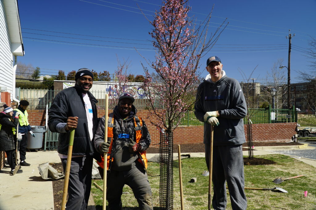 planting with some Wizards icons Gheorghe Muresan and Harvey Grant with shovels and smiles