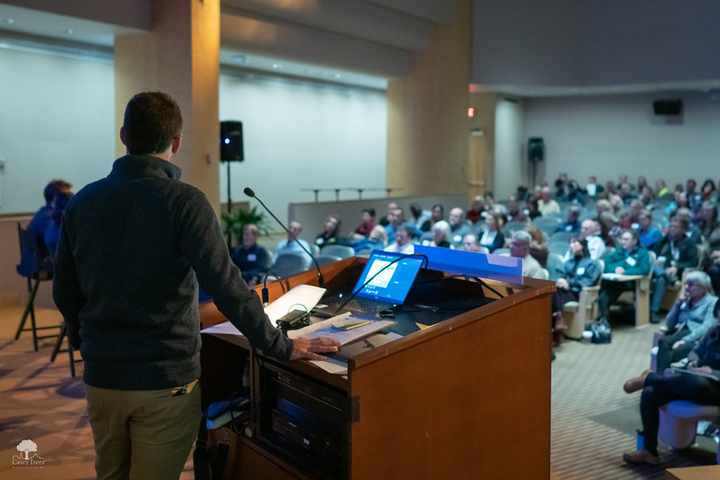 Perspective from behind the podium at an event