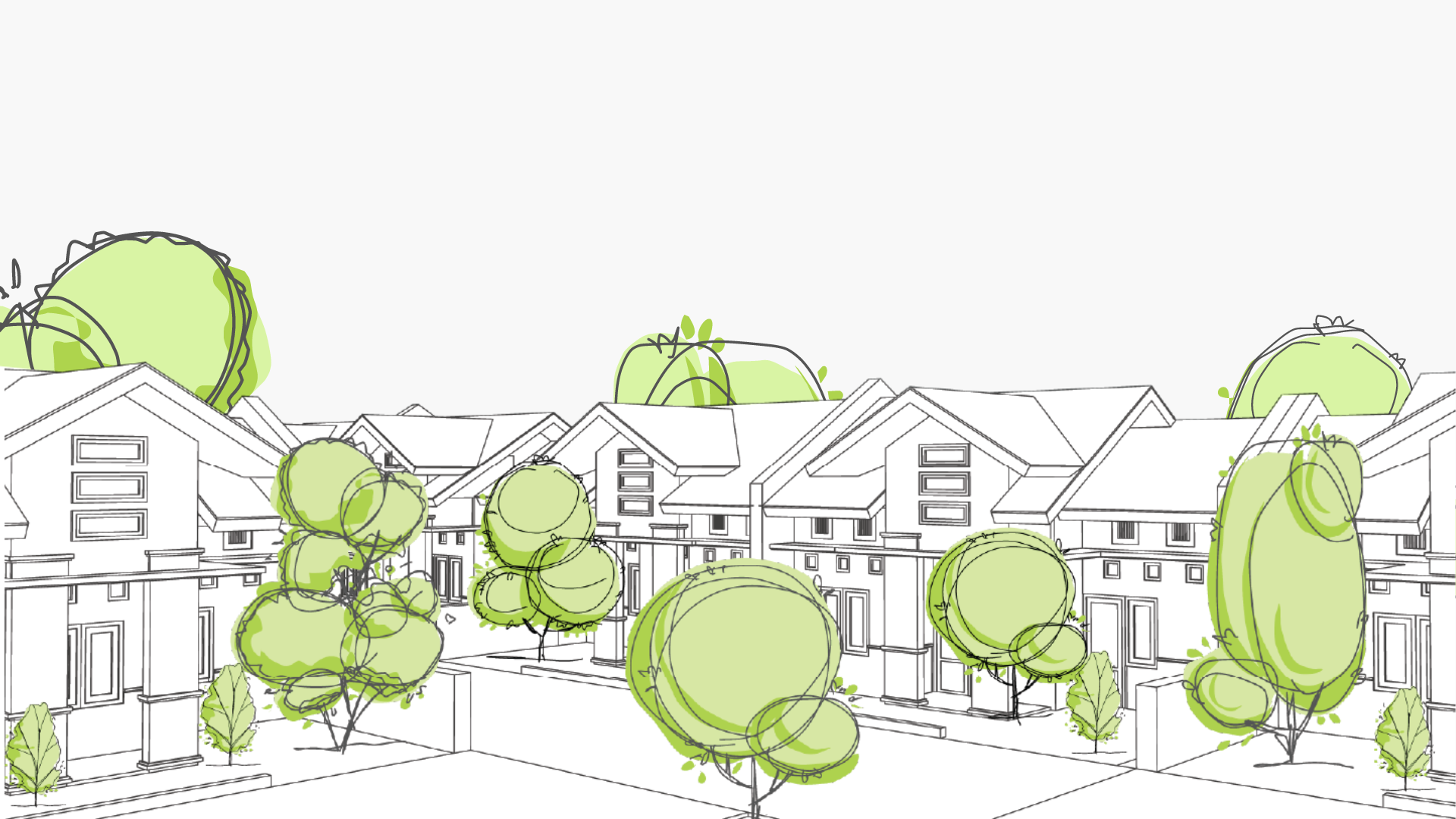 architectural sketch of modern row houses and street tree