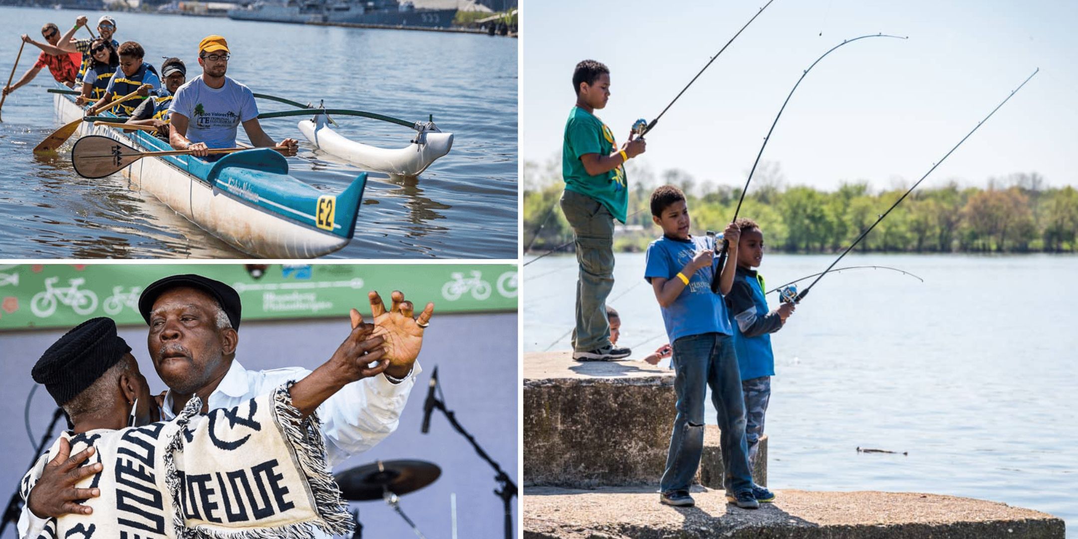 A graphic of three photos from Anacostia River Festival including boating, fishing, and dancing