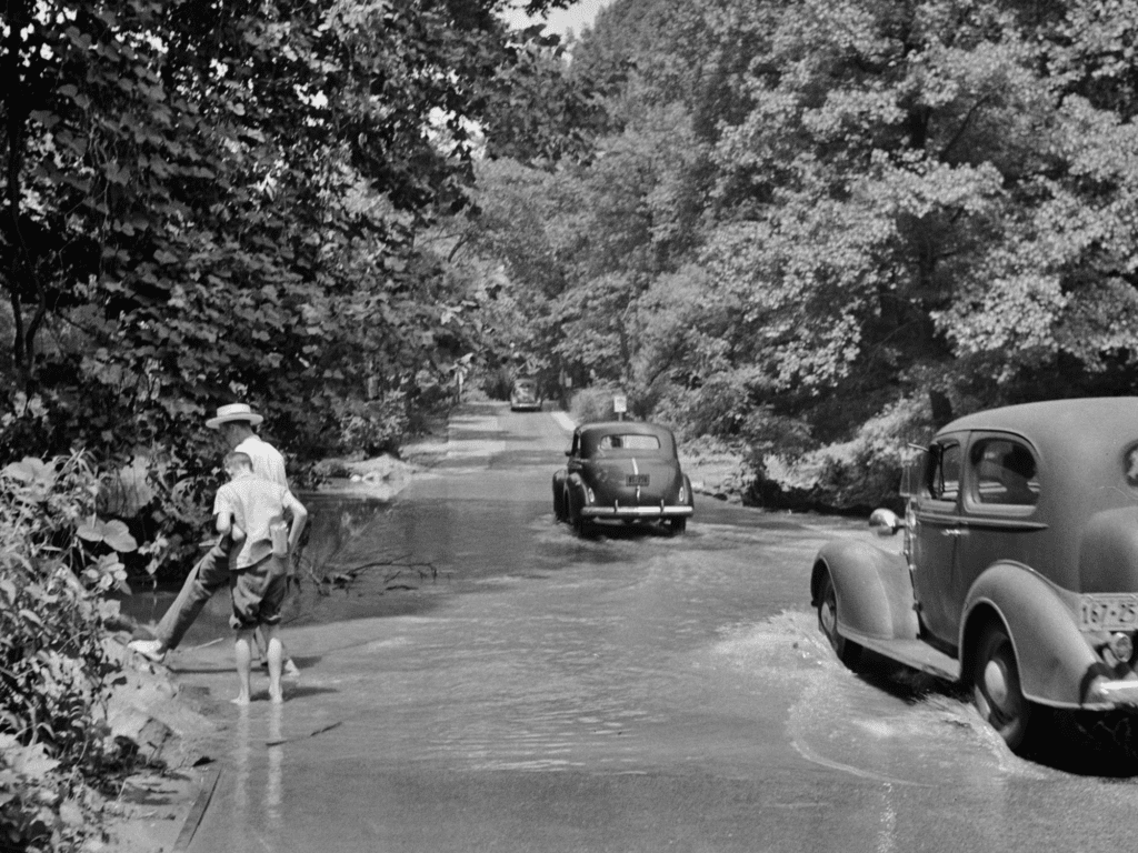 Waders and cars ford Rock Creek Park flood.