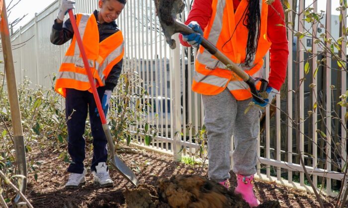 Two students dig a hole as they learn how trees are planted