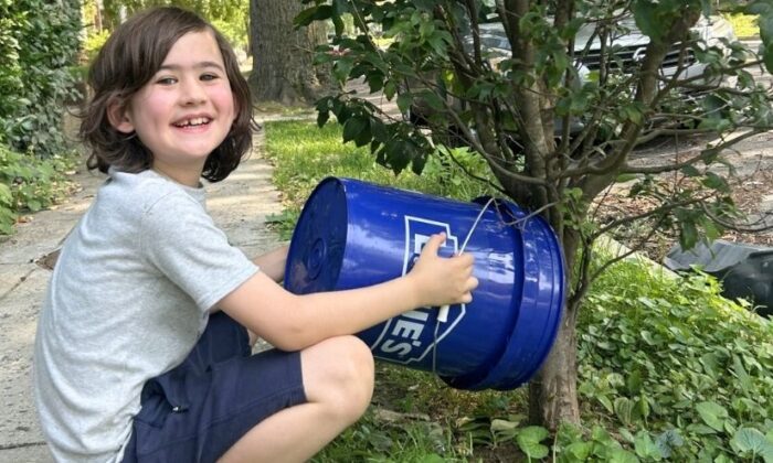 Elliot in June watering a young street tree