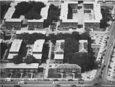 Aerial view of several buildings at the Ida B. Wells homes