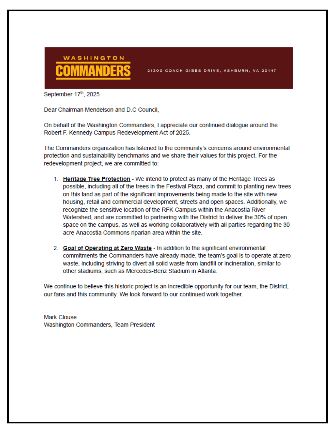 RFK Commanders Commitment Letter Sept 2025