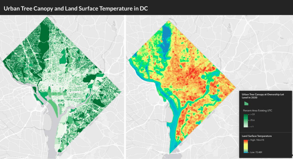 A side-by-side of two heat maps comparing tree canopy coverage and land surface temperatures in DC