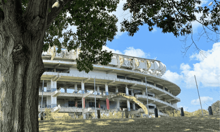 RFK stadium is being demolished as a mature tree stands in the foreground