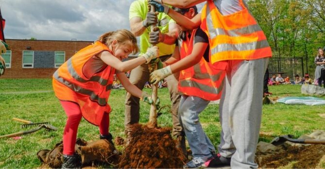 A group of children and an adult plant a tree on a school campus