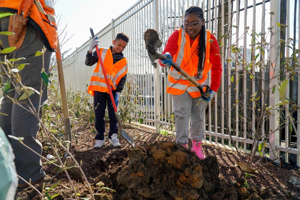Two young students planting a tree
