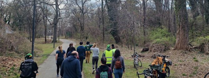 Volunteers looking at invasive vines on a bike trail.
