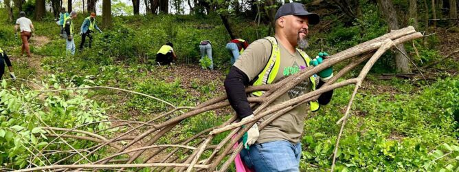 A volunteer removes an invasive plant at Hellbender Hill.