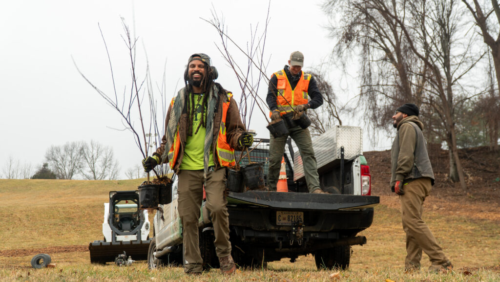 2 men loading sapling trees off a truck