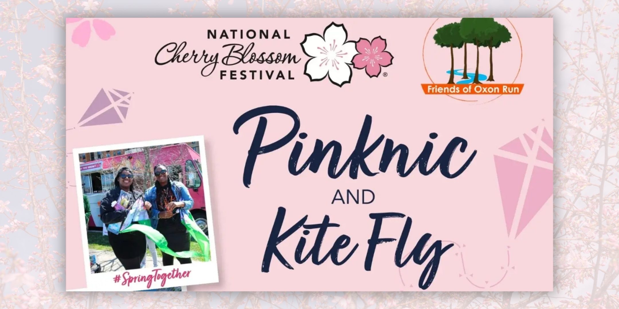 Graphic promoting the Oxon Run Park Pinknic and Kite Fly, a part of the National Cherry Blossom Festival.