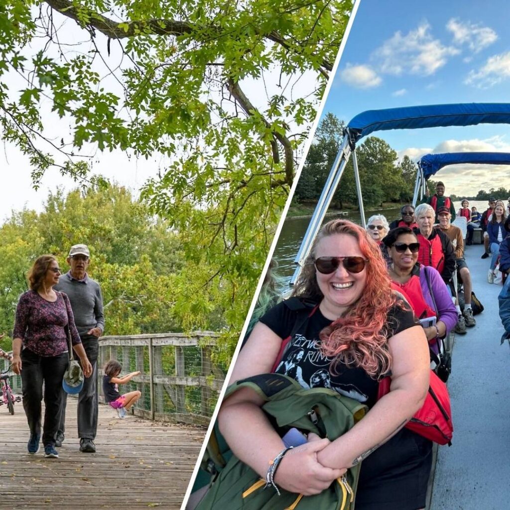 Two photos side by side. The left of two people walking along a boardwalk at Kingman Island. The photo on the right of people smiling on a boat tour.