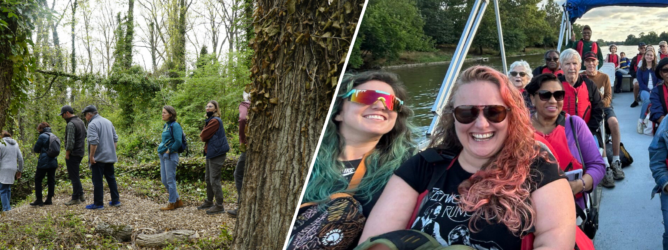 Two photos side by side. The left of two people walking along a boardwalk at Kingman Island. The photo on the right of people smiling on a boat tour.