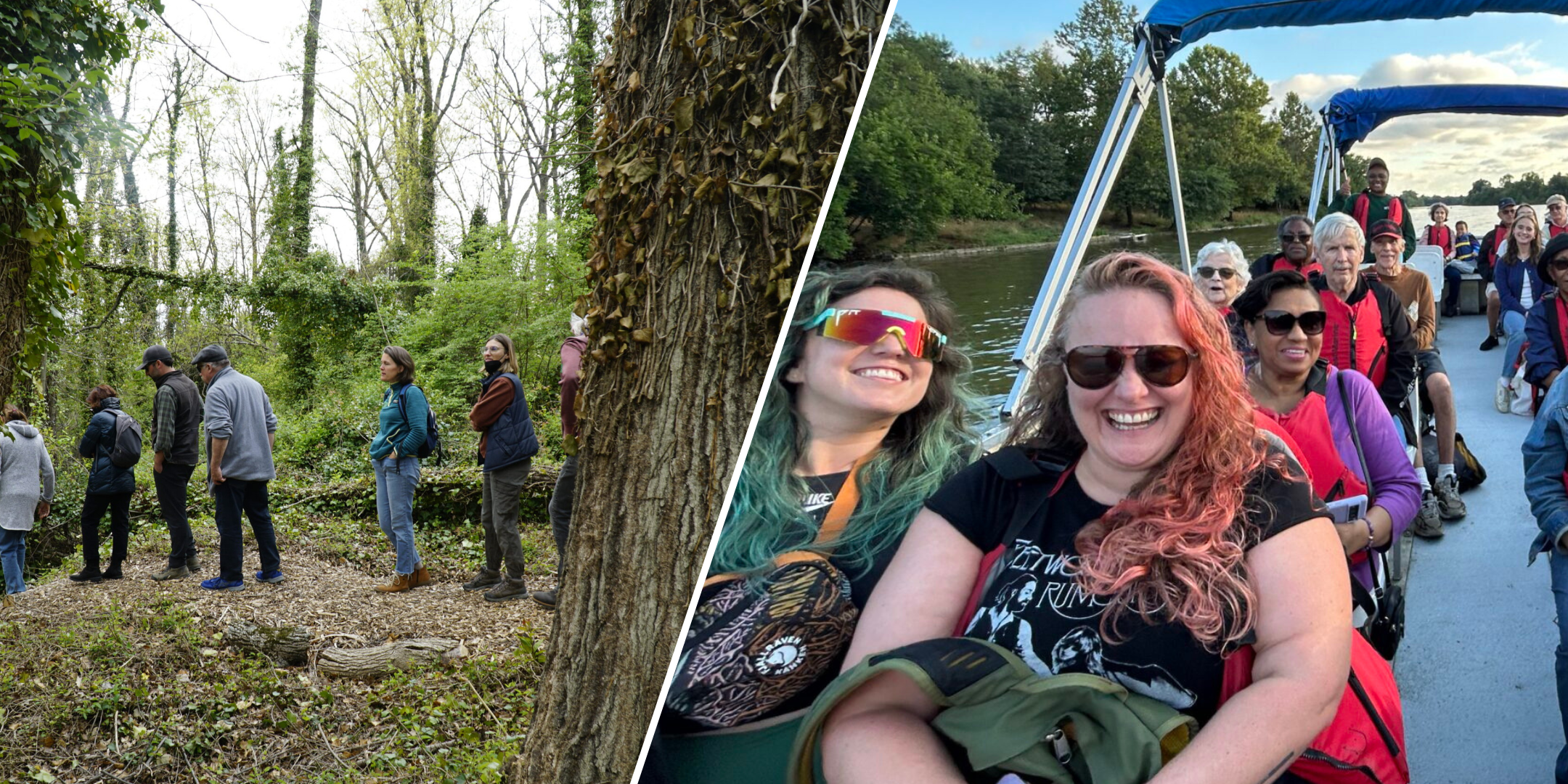 Two photos side by side. The left of two people walking along a boardwalk at Kingman Island. The photo on the right of people smiling on a boat tour.