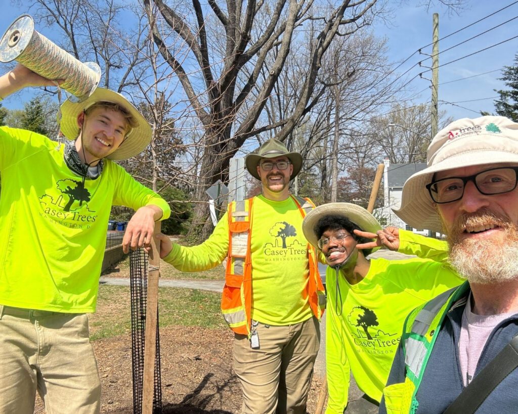 A group of Casey Trees crew smiles with a member from DC's Urban Forestry Division.