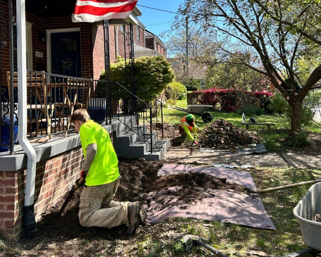 Casey Trees employees work on installing a garden.