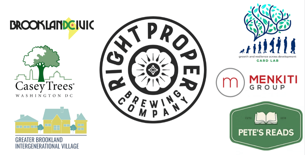 Logos of Brookland Civic, Casey Trees, Greater Brookland Intergenerational Village, Right Proper Brewing Company, Gard Lab, Menkiti Group, and Pete's Reads.
